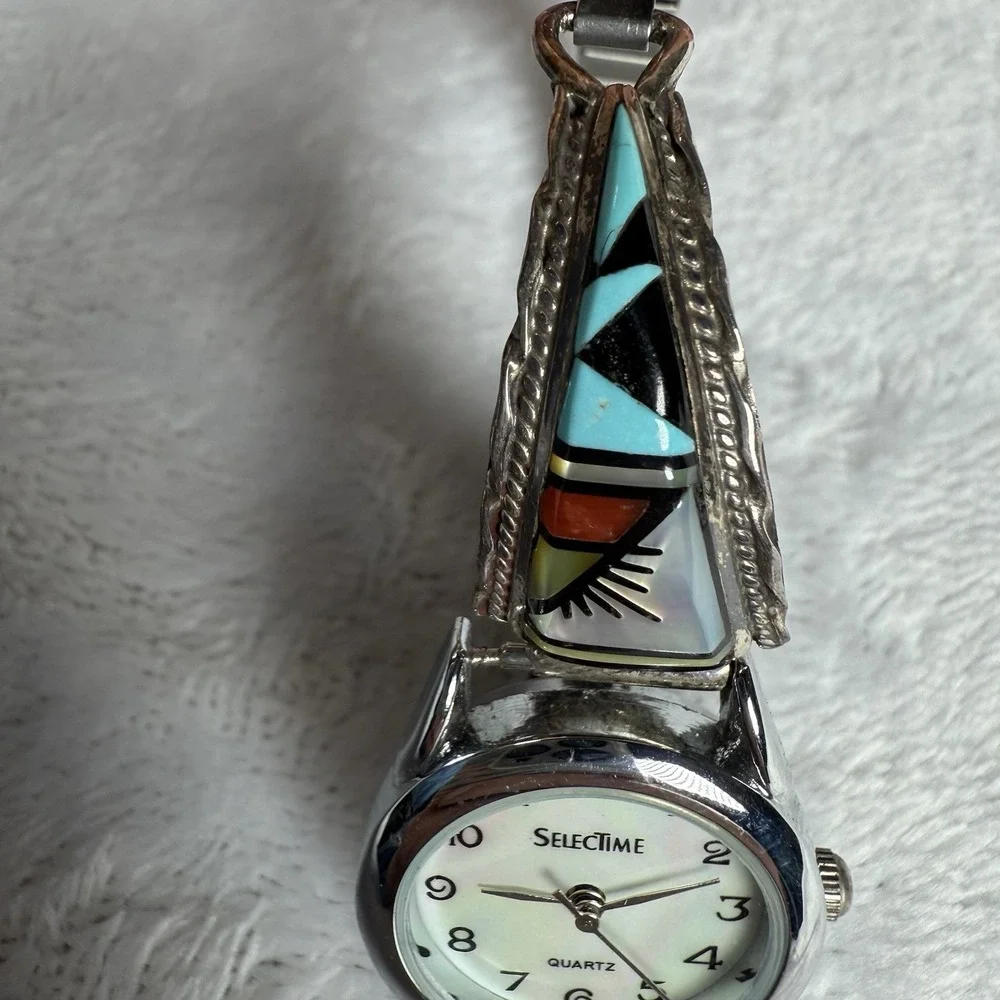 Vintage‎ Zuni Sterling Silver Multi Stone Inlaid Watchband by CM Booqua
